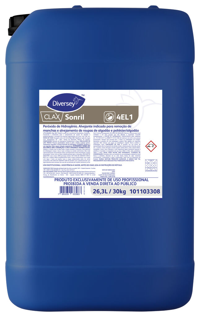 CLAX SONRIL 26.3L - PERÓXIDO DE HIDROGÊNIO. ALVEJANTE INDICADO PARA REMOÇÃO DE MANCHAS E ALVEJAMENTO DE ROUPAS DE ALGODÃO E POLIÉSTER/ALGODÃO